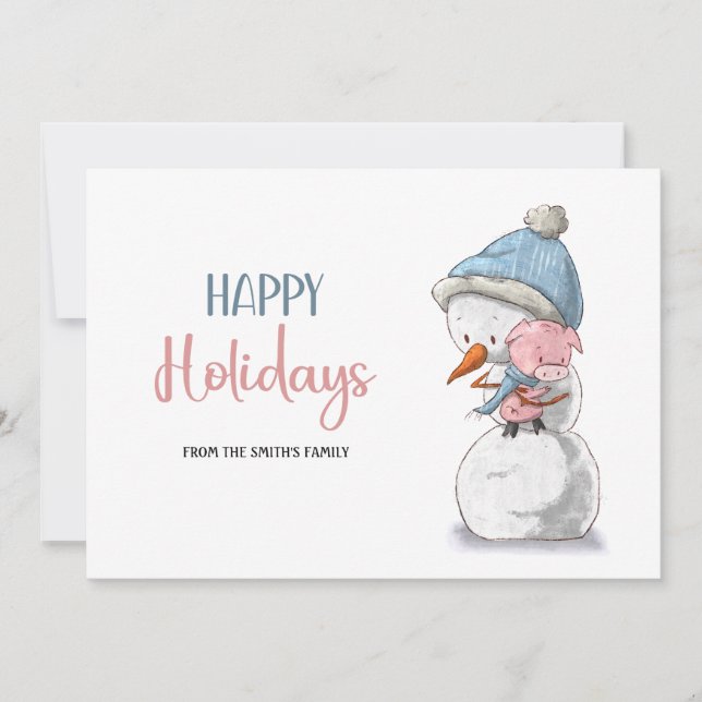 Adorable Happy Holidays Snowman Pig  Holiday Card (Front)
