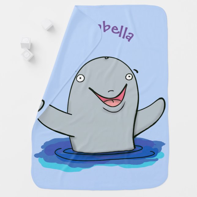 Adorable happy porpoise cartoon illustration baby blanket (In Situ)