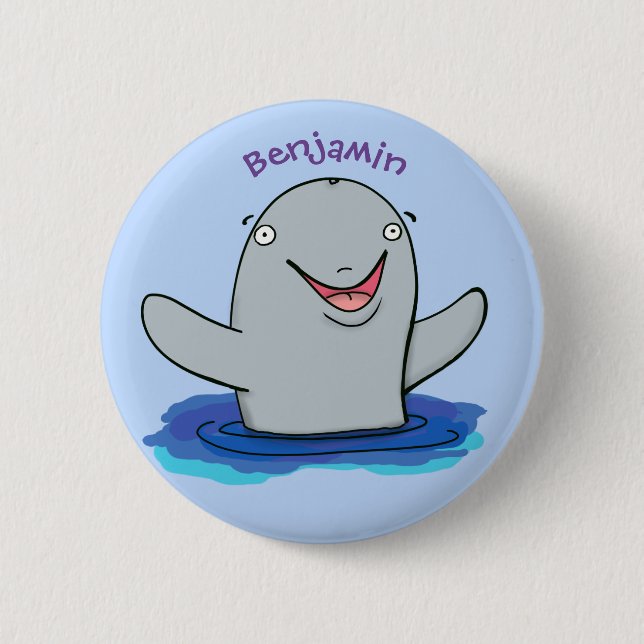 Adorable happy porpoise cartoon illustration button (Front)