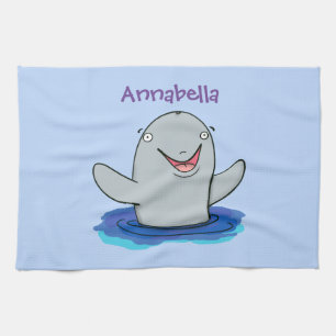 Adorable happy porpoise cartoon illustration kitchen towel