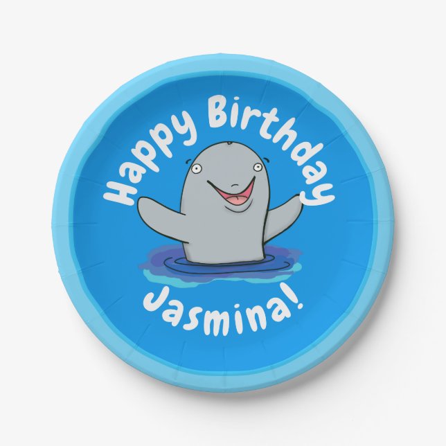 Adorable happy porpoise cartoon illustration paper plates (Front)