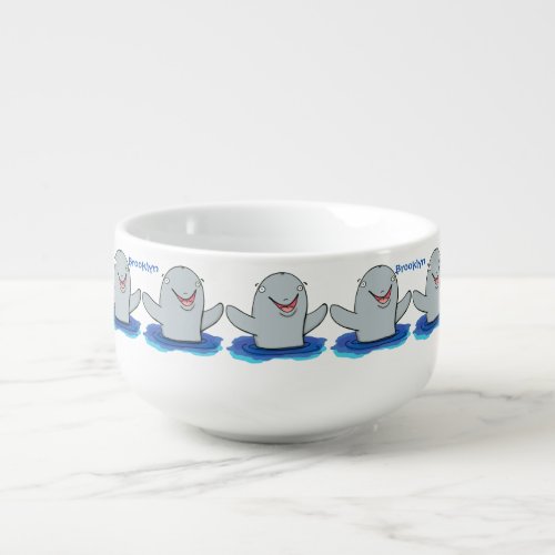 Adorable happy porpoise cartoon illustration soup mug