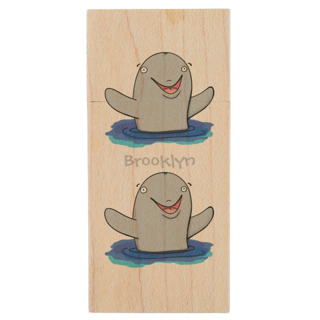 Adorable happy porpoise cartoon illustration wood flash drive (Front Vertical)