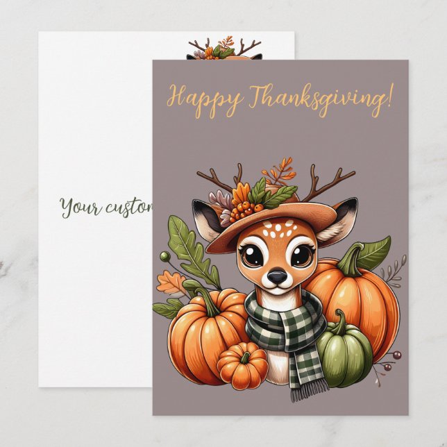 Adorable Happy Thanksgiving Deer Watercolor Cards (Front/Back)