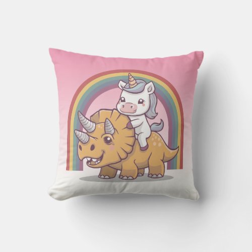 Adorable  Happy Unicorn Rides Triceratops Rainbow Throw Pillow