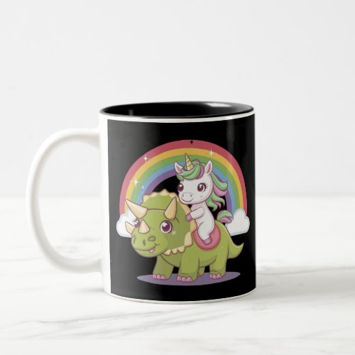 Adorable  Happy Unicorn Rides Triceratops Rainbow Two_Tone Coffee Mug