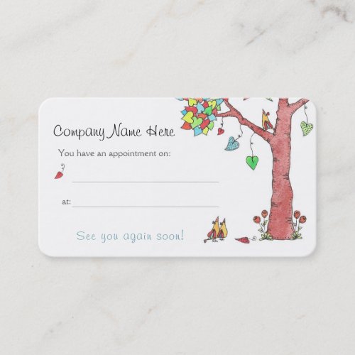 Adorable Heart Tree and Birds Appointment Reminder Business Card