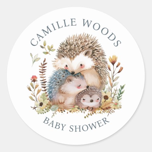 Adorable Hedgehog Family Baby Shower Invitation Classic Round Sticker