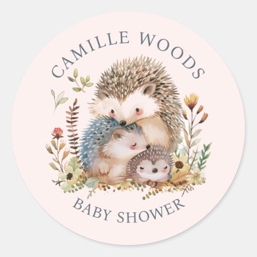 Adorable Hedgehog Family Baby Shower Pink Classic Round Sticker
