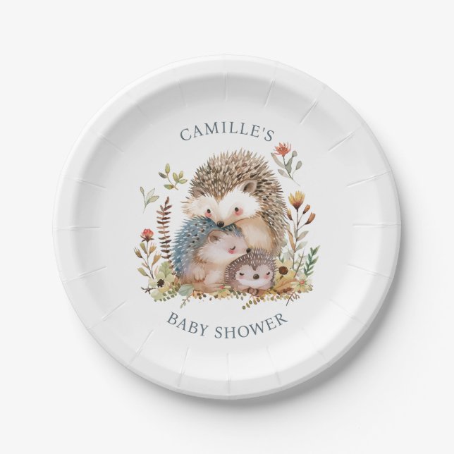 Adorable Hedgehog Family Pink Baby Shower  Paper Plates (Front)