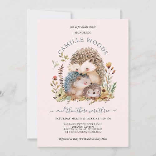 Adorable Hedgehog Family Pink Girl Baby Shower  Invitation