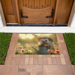 Adorable Hedgehog Gardener in a Flower Field Doormat