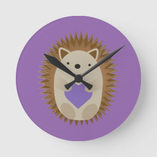 Adorable Hedgehog Holding a Purple Heart Round Clock