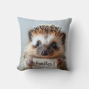 Adorable Hedgehog Holding "Hello!" Sign Throw Pillow