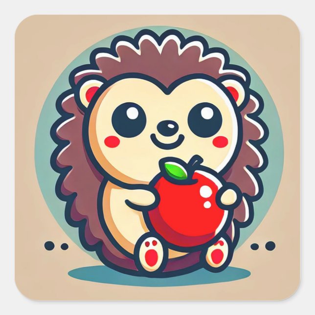 Adorable Hedgehog Holding Red Apple 🦔🍎 Square Sticker (Front)