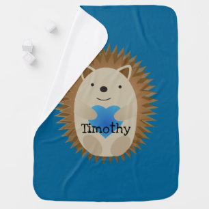Adorable Hedgehog hugging a Blue Heart Baby Blanket