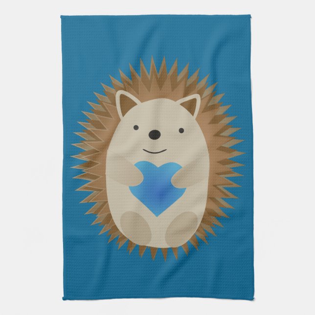 Adorable Hedgehog hugging a Blue Heart Kitchen Towel (Vertical)