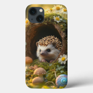 Adorable Hedgehog in Mossy Log Home with Flowers iPhone 13 Case