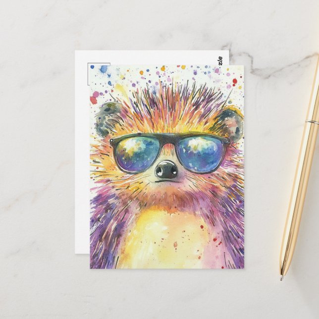Adorable Hedgehog in Sunglasses Watercolor Postcard (Front/Back In Situ)