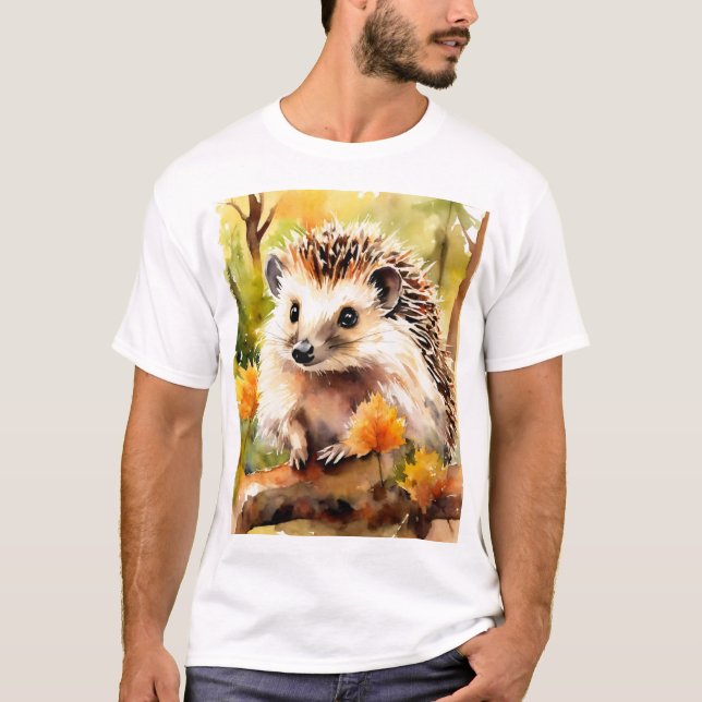 Adorable Hedgehog on Autumn Leaves T-Shirt (Front)