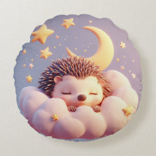Adorable Hedgehog Sleeping on a Cloud Round Pillow