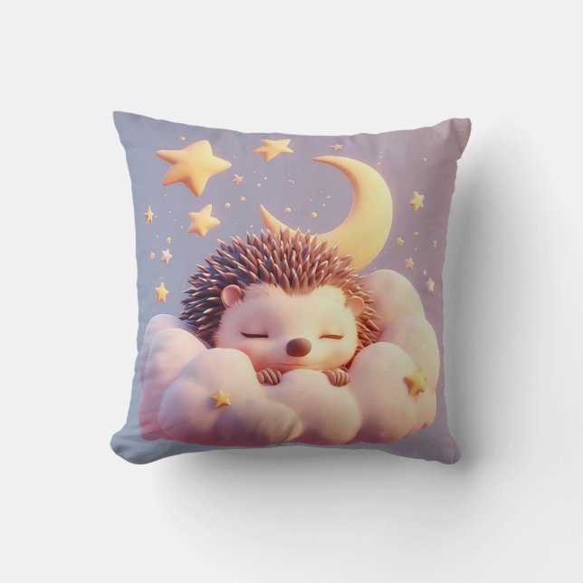 Adorable Hedgehog Sleeping on a Cloud Throw Pillow (Front)