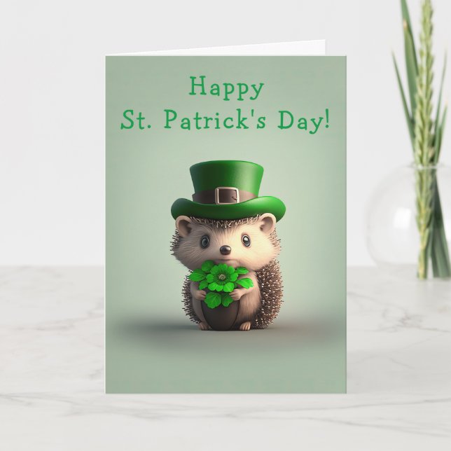 Adorable Hedgehog St. Patrick's Day Holiday Card (Front)