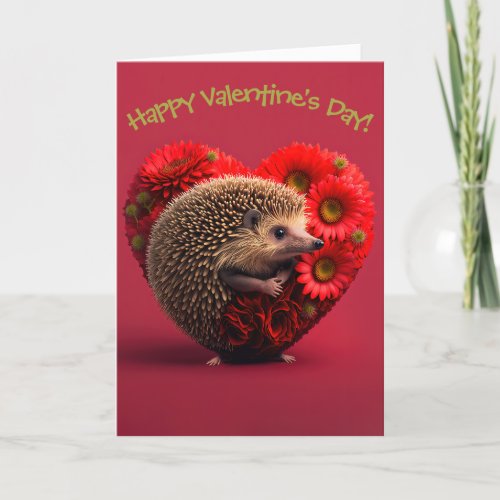 Adorable Hedgehog with Flowers for Valentines Day Holiday Card
