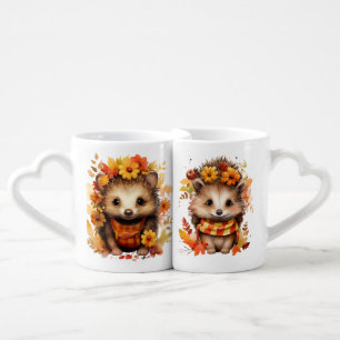 ADORABLE HEDGEHOG WITH WATERCOLOR FALL FLOWERS COFFEE MUG SET