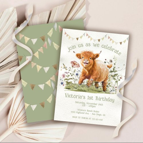 Adorable Highland Cow 1st Birthday Party Invitatio Invitation
