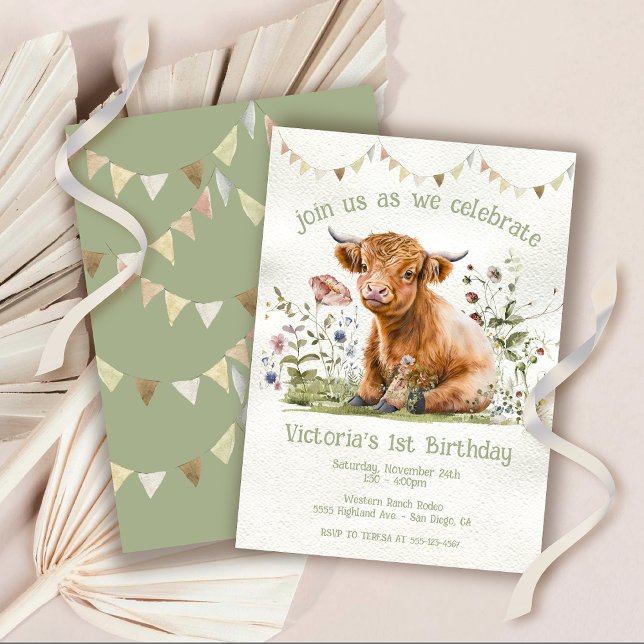 Adorable Highland Cow 1st Birthday Party Invitation (Creator Uploaded)