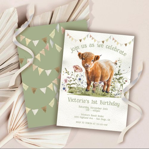 Adorable Highland Cow 1st Birthday Party Invitation