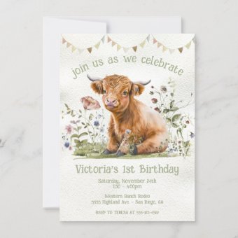 Adorable Highland Cow 1st Birthday Party Invitation | Zazzle