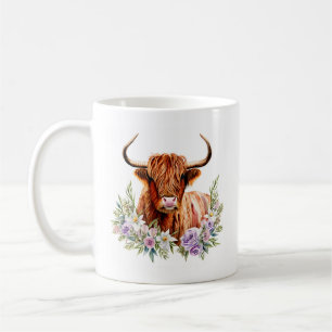 Adorable Highland Cow and Flowers Watercolor Coffee Mug