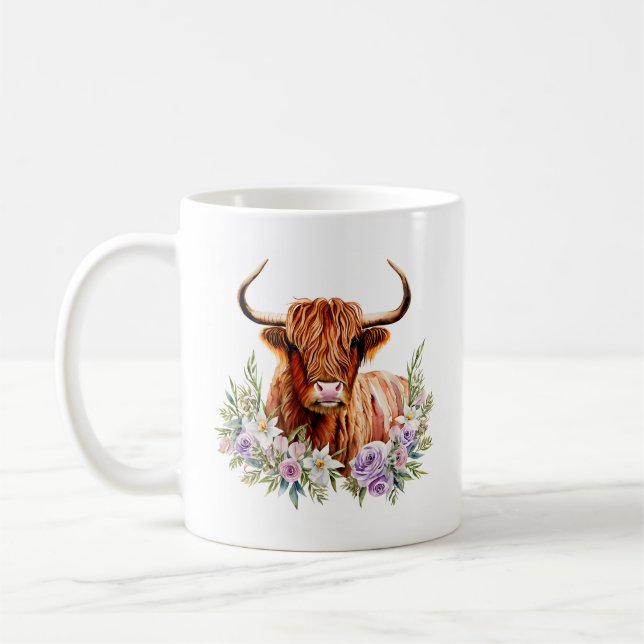 Adorable Highland Cow and Flowers Watercolor Coffee Mug (Left)