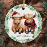 Adorable Highland Cow Calf Farm Merry Christmas  Ceramic Ornament<br><div class="desc">This Christmas, send your warmest wishes to your loved ones with our adorable Highland Cow Christmas cards! Featuring a cute trio of a Highland calves, all decked out in festive attire, these cards are sure to bring a smile to anyone's face. Cow wearing a Santa hat and plaid winter scarf,...</div>