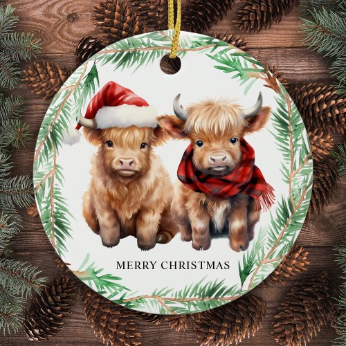 Adorable Highland Cow Calf Farm Merry Christmas  Ceramic Ornament