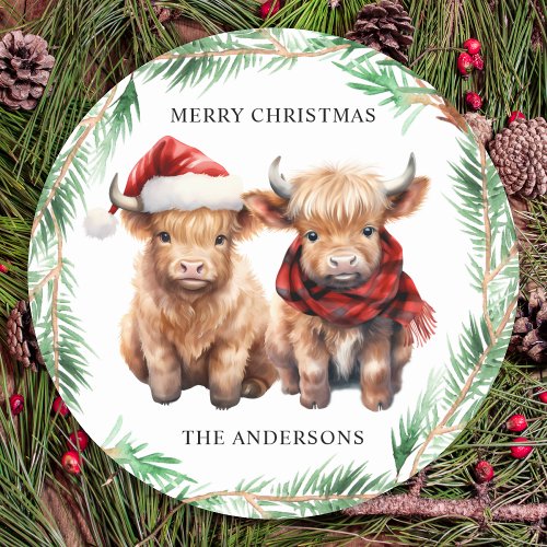 Adorable Highland Cow Calf Farm Merry Christmas  Classic Round Sticker