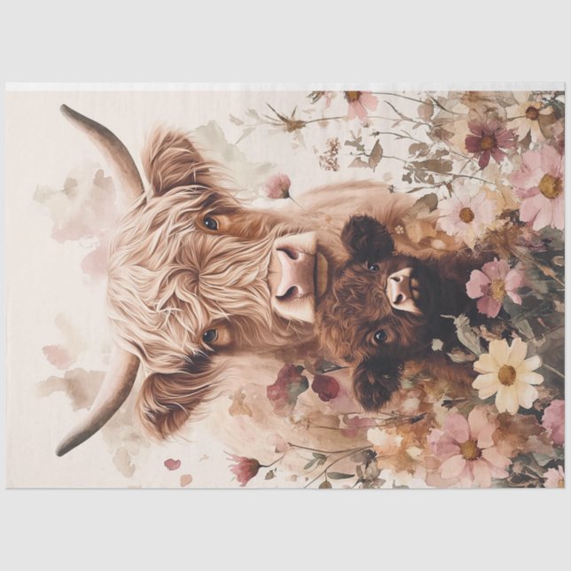 Adorable Highland Cow Calf with Mom Decoupage Tissue Paper (Front)