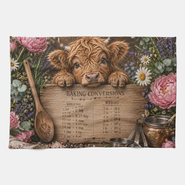 Adorable Highland Cow Conversion Chart Kitchen Towel (Horizontal)