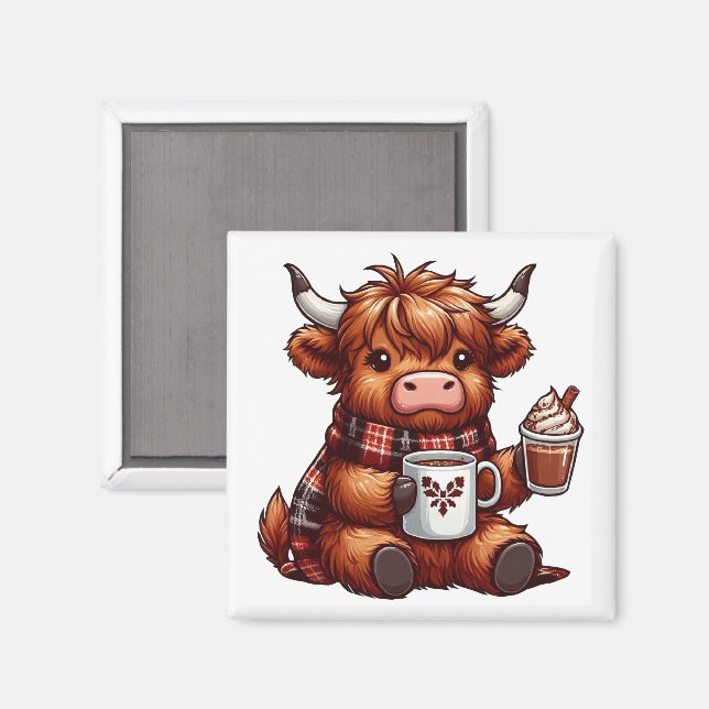 Adorable Highland Cow Enjoying Cozy Beverages  Magnet (Front/Back)