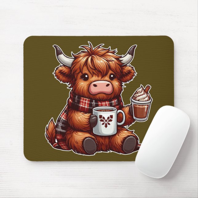 Adorable Highland Cow Enjoying Cozy Beverages  Mouse Pad (With Mouse)