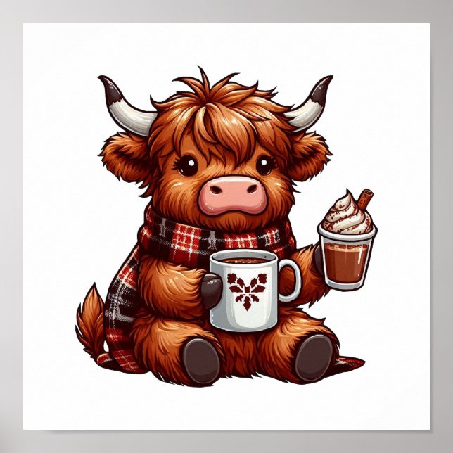 Adorable Highland Cow Enjoying Cozy Beverages  Poster (Front)