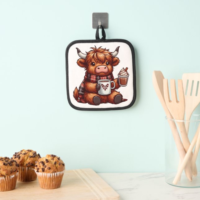 Adorable Highland Cow Enjoying Cozy Beverages Pot Holder (Insitu(Hanging))
