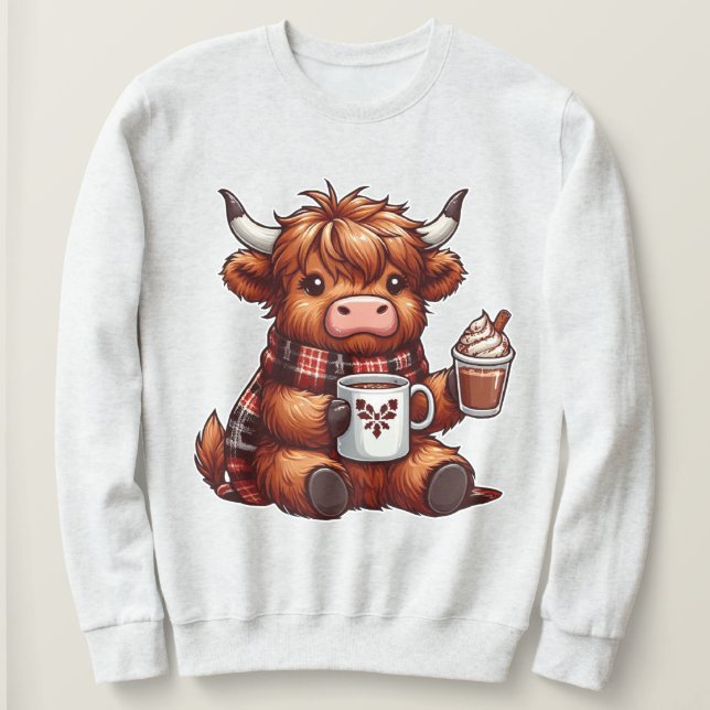 Adorable Highland Cow Enjoying Cozy Beverages  Sweatshirt (Design Front)