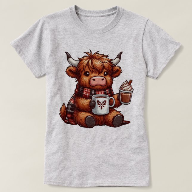 Adorable Highland Cow Enjoying Cozy Beverages T-Shirt (Design Front)