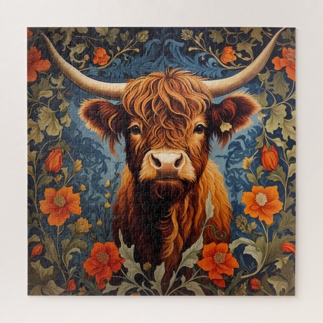 Adorable Highlands Cow William Morris Inspired Jigsaw Puzzle (Vertical)