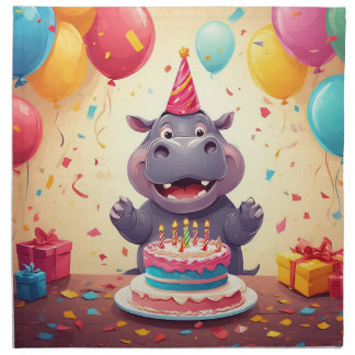 Adorable Hippo Celebrating Birthday with Cake Cloth Napkin