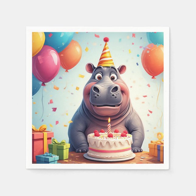 Adorable Hippo Celebrating Birthday with Cake Napkins (Front)