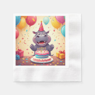 Adorable Hippo Celebrating Birthday with Cake Napkins
